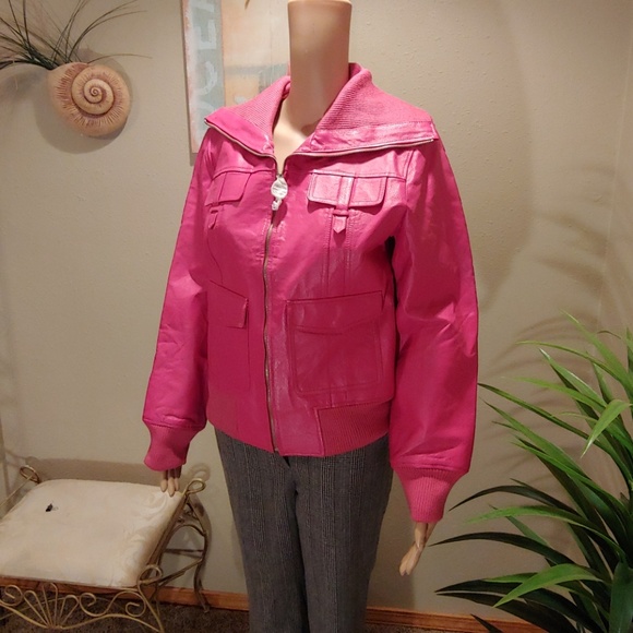 PINK LEATHER BOMBER JACKET - Picture 1 of 5